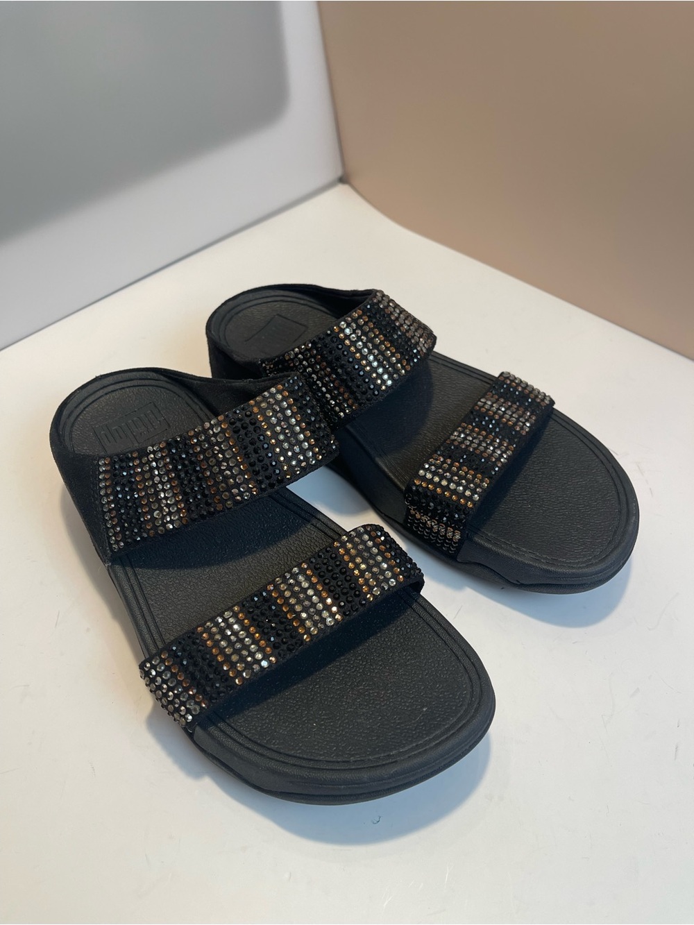 FitFlop Black Rhinestone Crystal Platform Slide Sandals Size US 6 UK 4 EU 37